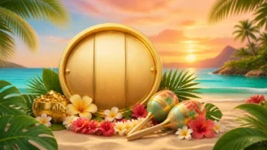 提金派對主題的夏威夷海灘、花環、沙鈴與金色元素特色封面